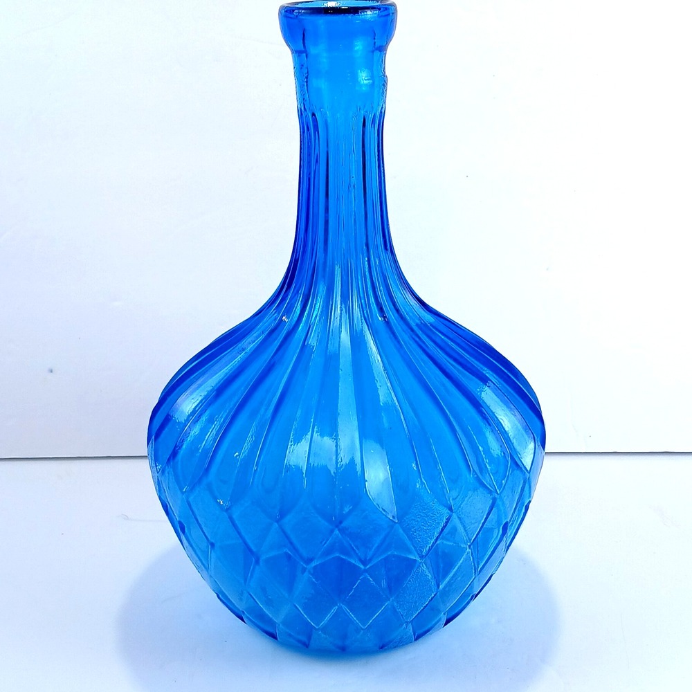 Empoli Genie Bottle Decanter Blue Glass Italy 10 1/4" Diamond Pattern Vintage